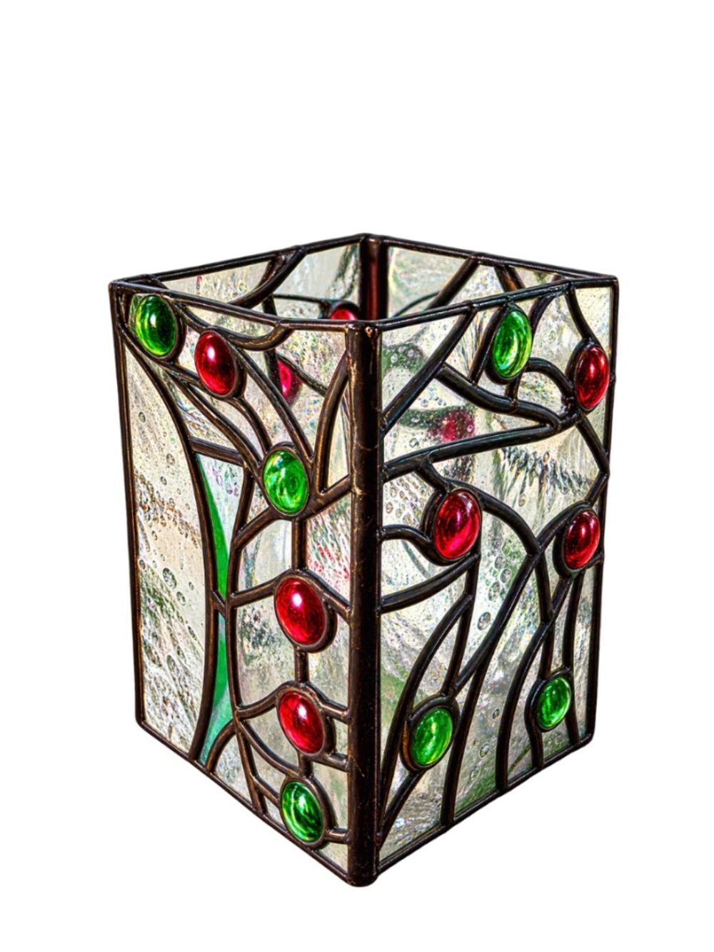Handmade Artisan Stained Glass Candle Holder – Red & Green Jeweled Glass
